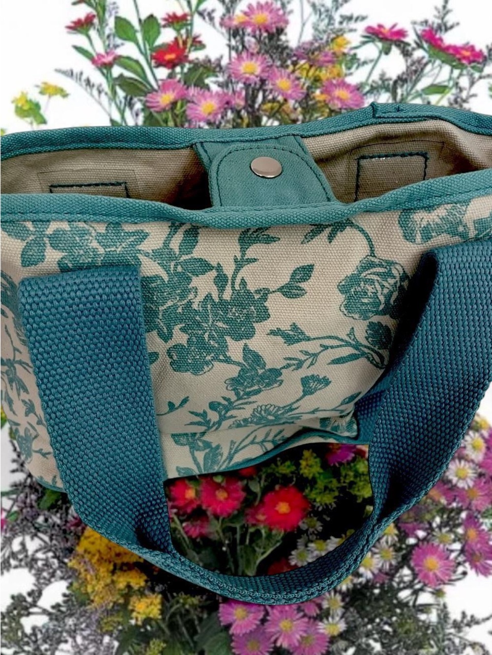 LoveShackFancy Cream Tote with Teal Floral Print and Teal Handles